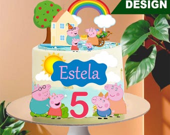 Modello per decorazione torta di compleanno con maialino rosa in stile cartone animato (design modificabile su Canva)