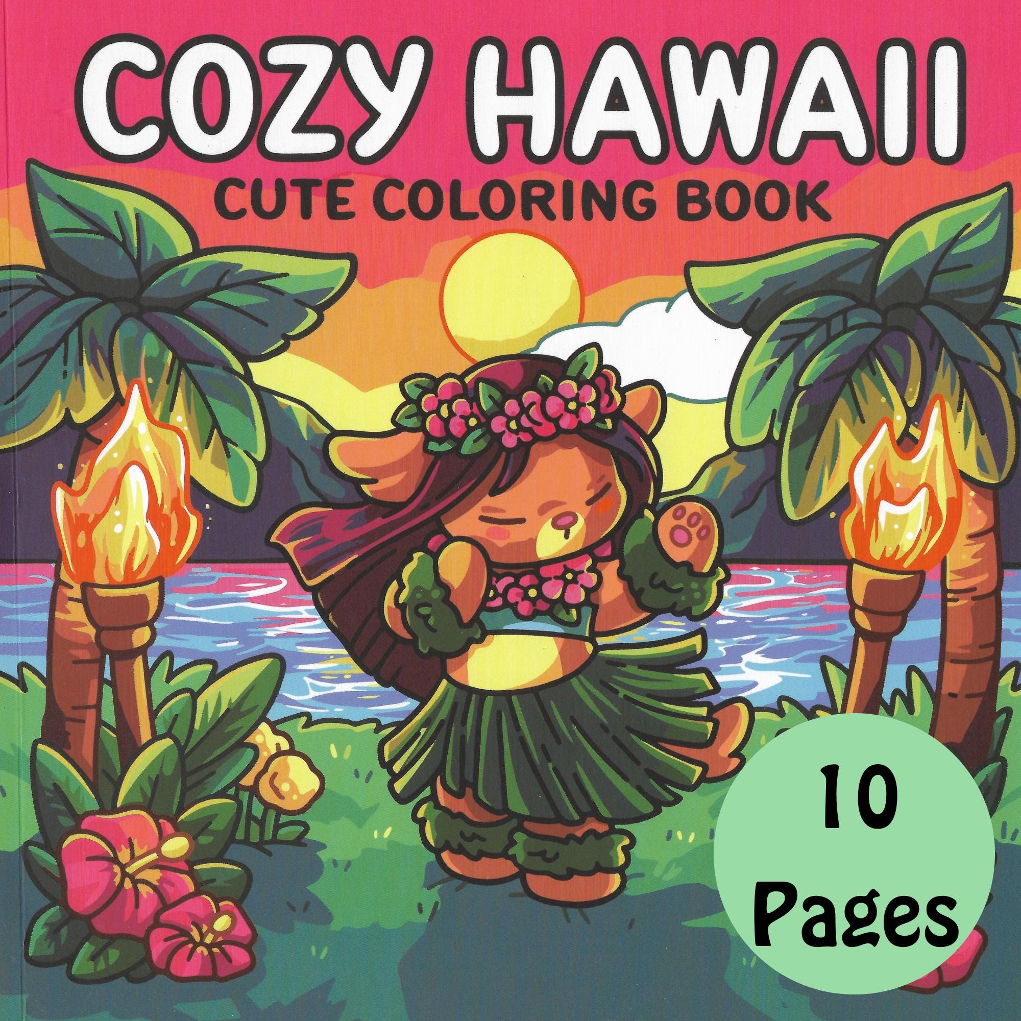 Extrait du livre de coloriage Kawaii Hawaii Cozy – PDF numérique de 10 pages à imprimer pour enfants et adultes