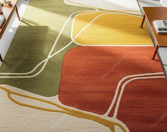 Multicolored Abstract Wool Rug, Hand Tufted Mid Century Area Rugs for Living Room