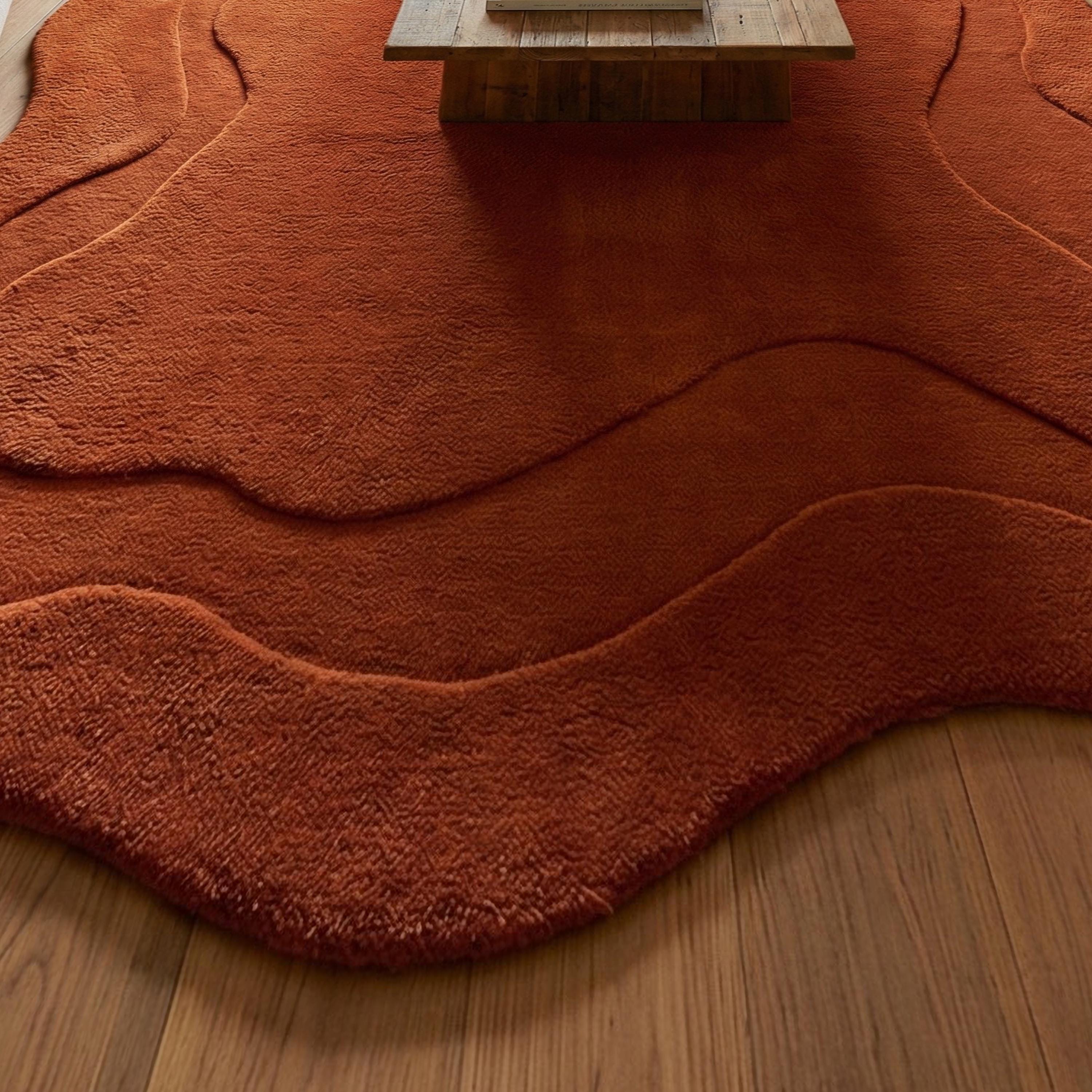 Burnt Orange Irregular Wool Rug, Hand Tufted Abstract Wavy Layered Area ...