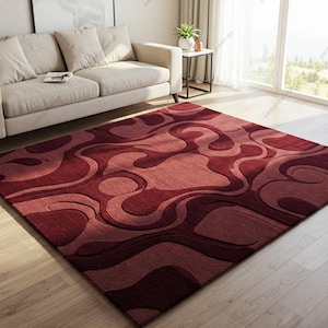 Deep Red Abstract Hand Tufted Wavy Pattern Wool Area Rugs for Bedroom, Modern Organic Design Living Room Rug, Custom Size Handmade Carpets