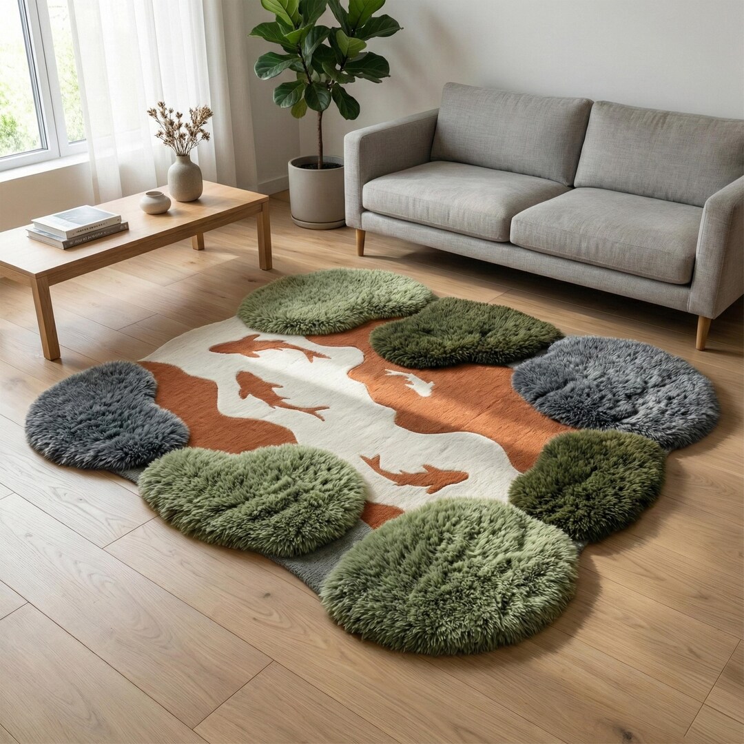 Pond Koi Fish Moss Rug, Green Abstract Tufted Organic Shape Wool Area ...