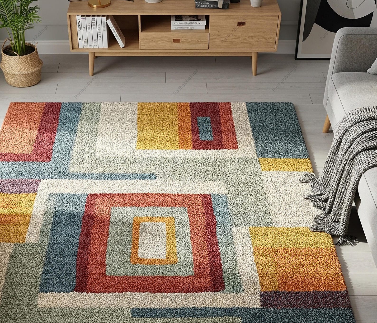 Colorful Geometric Wool Rug, Hand Tufted Modern 8x10 Area Rugs for ...