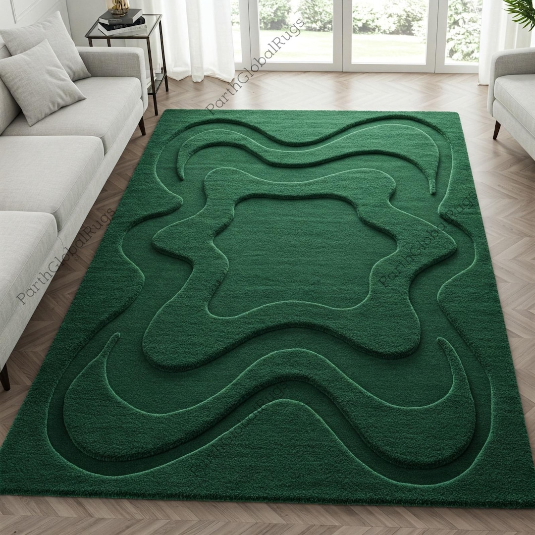 Patterned Green Rug Abstract Design Green Abstract Wool Rug, Hand Tufted Layered Modern Sculpted Textured ...