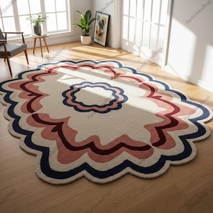 Colorful Scalloped Hand Tufted Floral Wool Rug for Living Room, Modern Contemporary Home Décor Rug, Organic Shape Customizable 9x12 Carpets