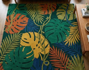 Colourful Leaf Wool Rug, Hand Tufted Nature Botanical Carpets for Living Room