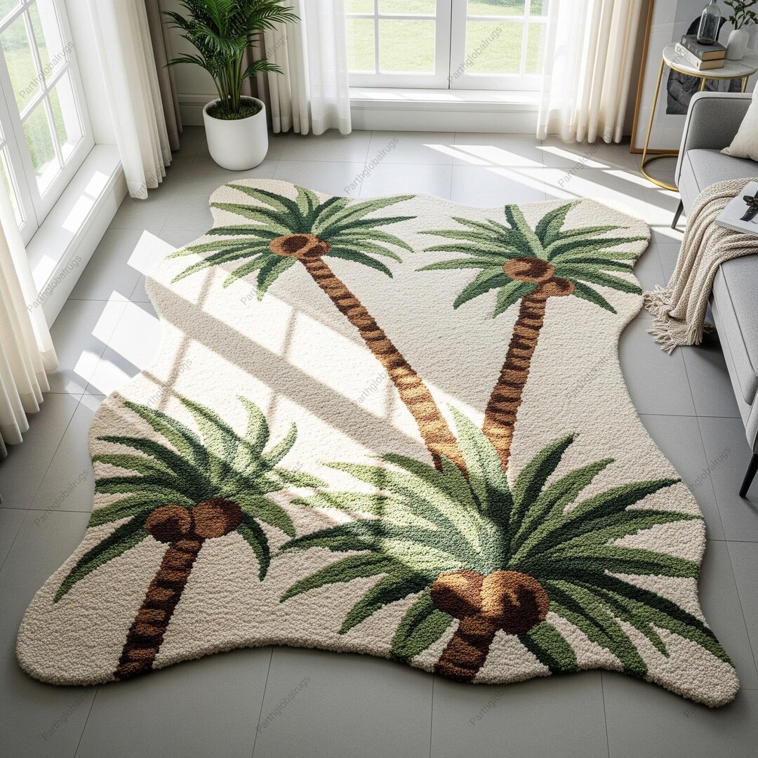 Palm Tree Wool Rug, Cream Green Irregular Hand Tufted Nature Area Rugs ...