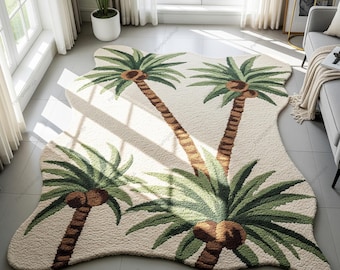 Palm Tree Wool Rug, Cream Green Irregular Hand Tufted Nature Area Rugs