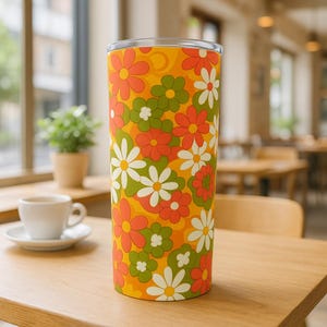 Retro Floral 20oz Tumbler | 70s Flower Power Travel Cup | Vintage Daisy Stainless Steel Insulated Mug | Groovy Gift for Her