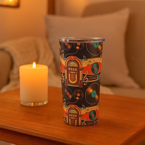 Gobelet jukebox rétro - Mug de voyage 20 oz en acier inoxydable avec motif disque vinyle, tasse rock'n'roll vintage