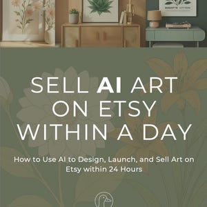 Op de afbeelding: Afbeelding ter promotie van de verkoop van AI-kunst op Etsy. De afbeelding toont ingelijste botanische prints, een natuurfestivalposter en de tekst "SELL AI ART ON ETSY WITHIN A DAY". De onderkant van de afbeelding bevat de tekst "How to Use AI to Design, Launch, and Sell Art on Etsy within 24 Hours".