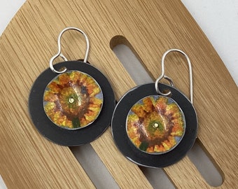 Sunflower Tin Disc Earrings, Vintage Tin, Sterling Ear Wires