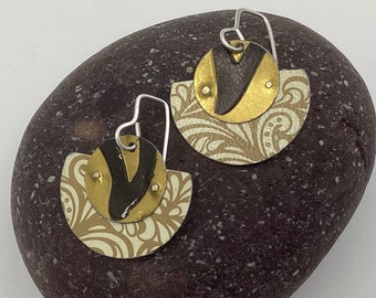 Gold and Black Tin Earrings, Sterling Silver Ear Wires, 10th Anniversary