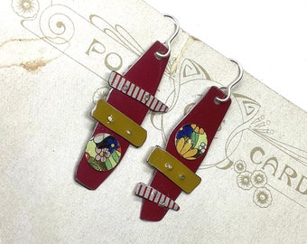 Deep Red Mismatched Tin Earrings, Sterling Ear Wires, Vintage Tin, 10th Anniversary