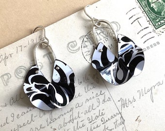 Black and White Fan Folded Tin Earrings, Sterling Ear Wires, 10th Anniversary