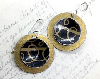 Gold and Black Tin Earrings, Sterling Ear Wires, 10th Anniversary