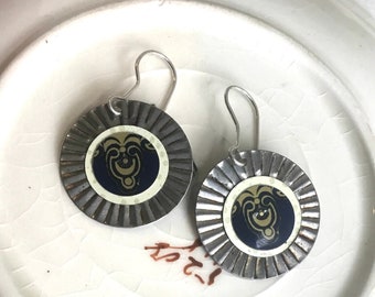 Navy Blue and Cream Tin Disc Earrings, Sterling Ear Wires, Vintage Tin, 10th Anniversary