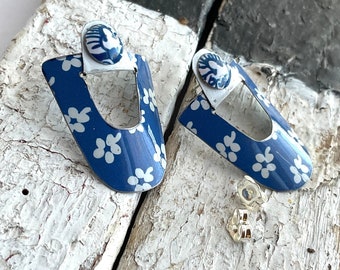 Blue and White Post Shield Tin Earrings, vintage Tin, 10th Anniversary