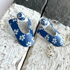 Blue and White Post Shield Tin Earrings, vintage Tin, 10th Anniversary