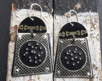 Big and Bold,  Black and  Silver Tin Earrings, Vintage Tin, Sterling Ear Wires, 10th Anniversary