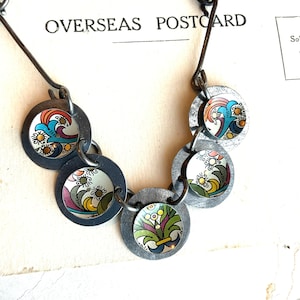 Patterned Tin Disc Choker: Handmade Steel Chain Necklace