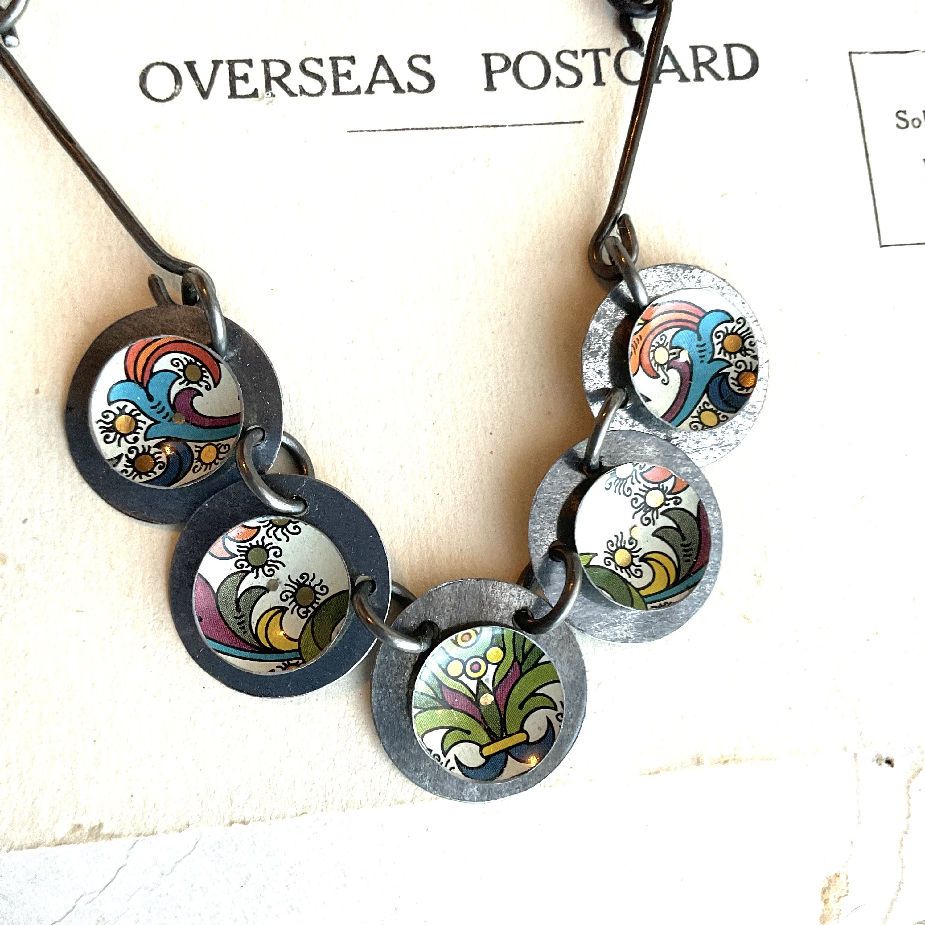 Beautiful Patterned Tin Disc Choker, Handmade Steel Chain, 10th Anniversary, Urban Industrial Chic