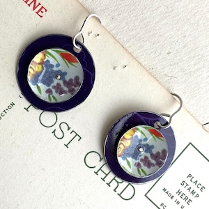 Floral Tin with Purple Disc Earrings, Sterling Ear Wires, Vintage Tin, 10th Anniversary