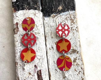 Bright Red and Orange Triple Drop Tin Earrings, Sterling Ear Wires, Vintage Tin, 10th Anniversary