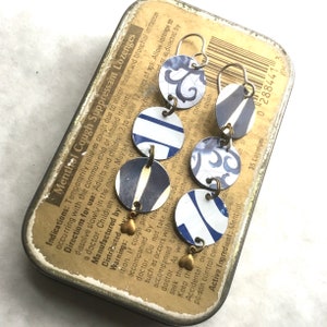 Vintage Tin Disc Drop Earrings: Navy, White & Gold, Sterling Silver