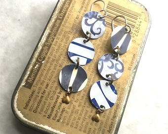 Navy Blue, White And Gold Triple Drop Disc Earrings, Sterling Ear Wires, Vintage Tin, 10th Anniversary