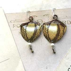 Golden Tin Earrings, Brass Wire, Vintage Tin, 10th Anniversary