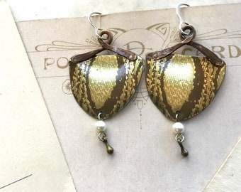 Golden Tin Earrings, Brass Wire, Vintage Tin, 10th Anniversary