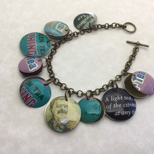 Tea Lovers Tin Charm Bracelet, 10th Anniversary, Pale Purple, Teal, Green and Black