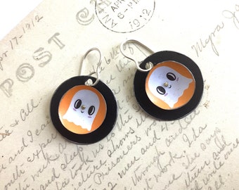 Little Ghost Tin Earrings, Light Weight, Halloween, Sterling Ear Wires, Tin Anniversary