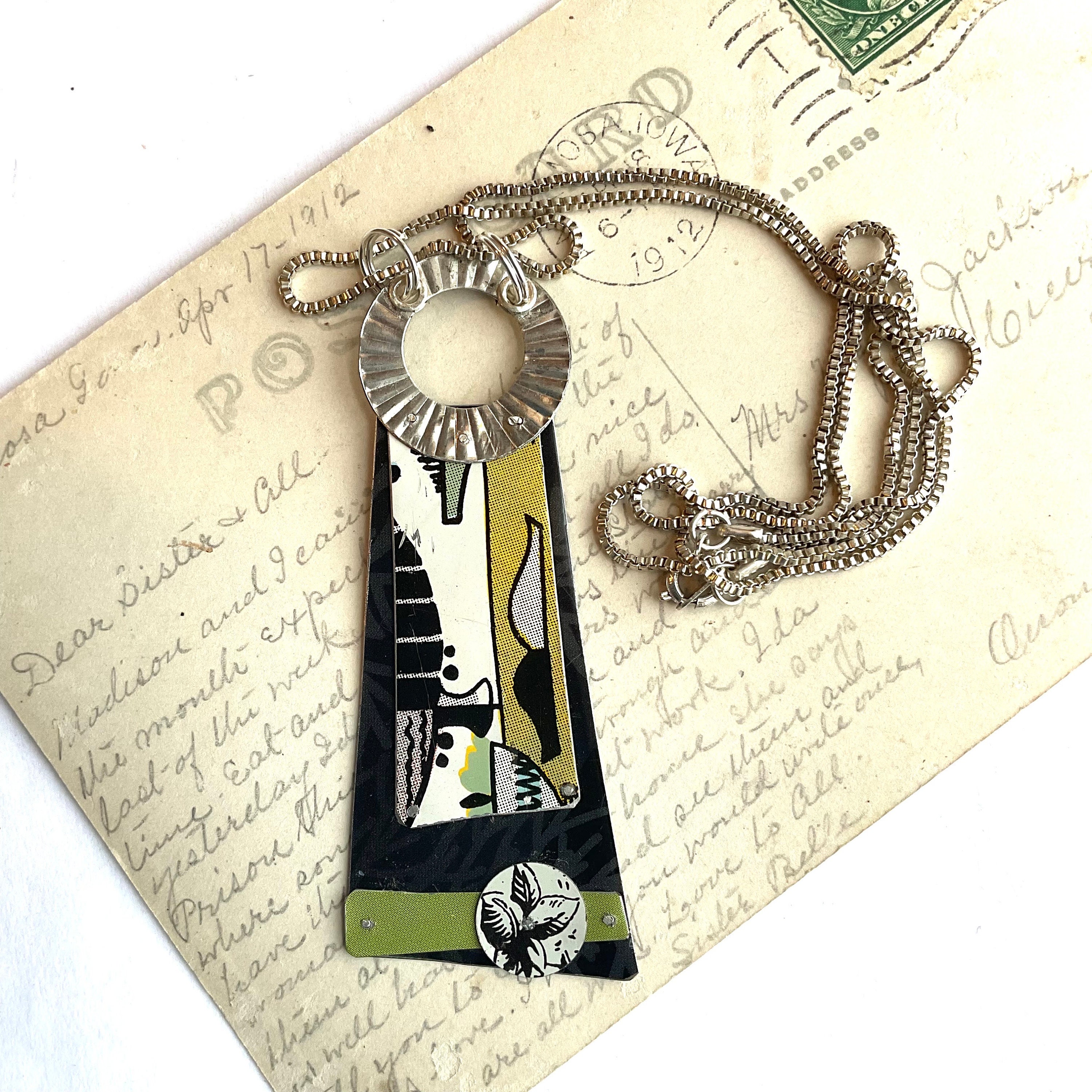 Stacked Tin and Silver Necklace, Greens and Black Vintage Tin, Sterling ...