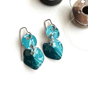 Teal Tea Tin Earrings, Light Weight, 10th Anniversary, Sterling Ear Wires