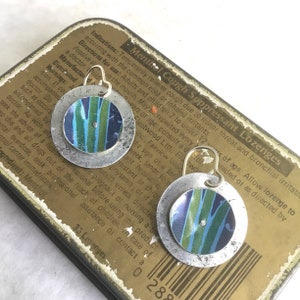 Blue Violet, Aqua and Green Tin Disc Earrings, Sterling Ear Wires, Vintage Tin, 10th Anniversary