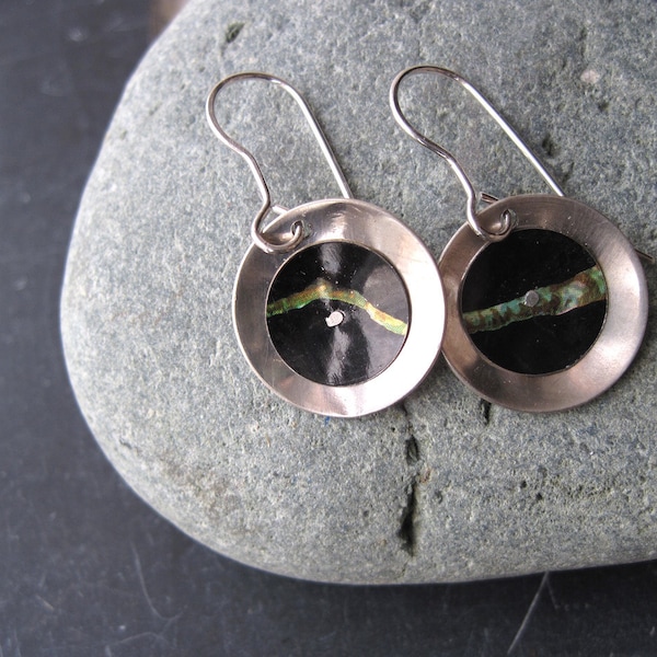 Sterling and Tin Disc Earrings, Elegant Small Green and Black Silver and Tin Earrings, Concave Sliver Earrings