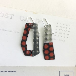 Abstract Stacked Tin Earrings, Back and Red Tin, Sterling Ear Wires, 10th Anniversary