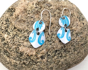 Blue and White Small Tin Earrings, Light Weight, 10th Anniversary, Sterling Ear Wires