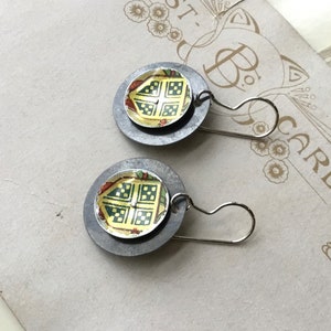 Little Family Crest Tin Earrings, Vintage Tin, Sterling Ear Wires, Small Discs