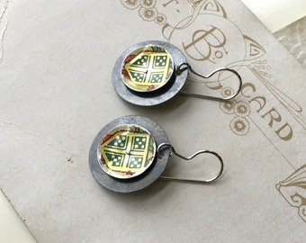 Little Family Crest Tin Earrings, Vintage Tin, Sterling Ear Wires, Small Discs