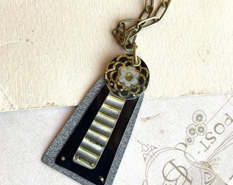 Stacked Black and Gold  Vintage Tin Necklace , Brass Chain