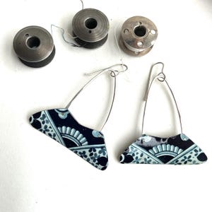 Hanging Purse Earrings, Tin and Silver, Big Statement, Blue and White Tin, 10th Anniversary