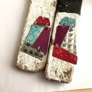 Patchwork Tin Earrings, Sterling Silver Ear Wires, Vintage Tin, 10th Anniversary