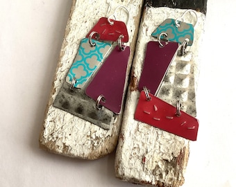 Patchwork Tin Earrings, Sterling Silver Ear Wires, Vintage Tin, 10th Anniversary