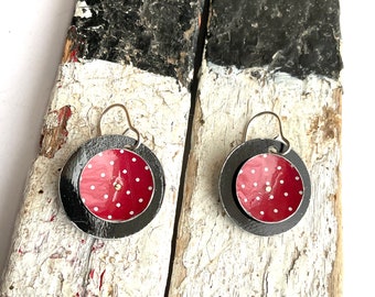 Red Polka Dotted Earrings, Light Weight, Vintage Tin, Tin Disc Earrings, Sterling Ear Wires, Tin Anniversary
