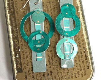 Going in Circles Tin Earrings, Shades of Teal, Vintage Tin, 10th Anniversary