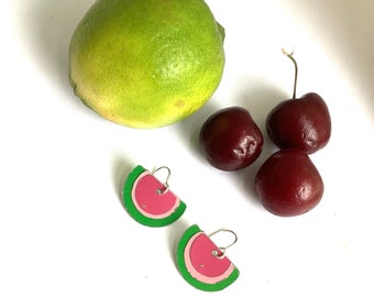 Watermelon Slice Tin Earrings, Sterling Silver Ear Wires, 10th Anniversary