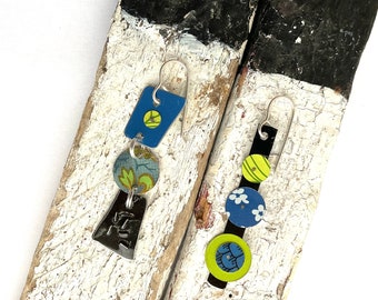 Asymmetric Stacked Tin Earrings, Black, Blue, and Green, 10th Anniversary, Sterling Ear Wires